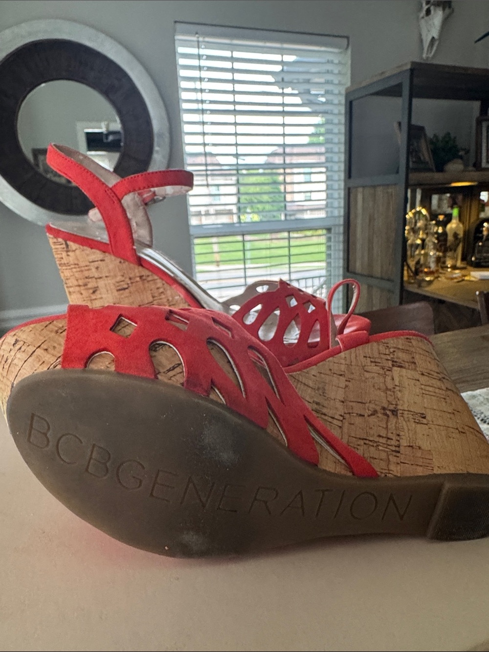 BCBGeneration Red Cork Wedge Sandals with Cutout Upper - Picture 3 of 4